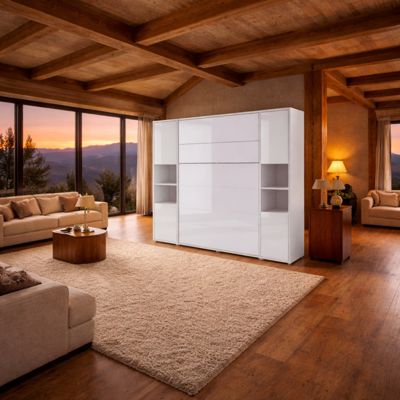 Armoire Lit escamotable +2 Placards Vertical 160x200 cm blanc brillant tiroir Lit Mural Consus