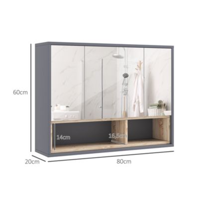 Armoire miroir de salle de bain - 3 portes, 3 étagères, 2 niches - dim. 80 x 20 x 60 cm - gris effet bois clair naturel