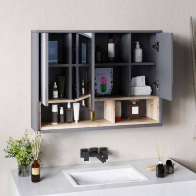 Armoire miroir de salle de bain - 3 portes, 3 étagères, 2 niches - dim. 80 x 20 x 60 cm - gris effet bois clair naturel