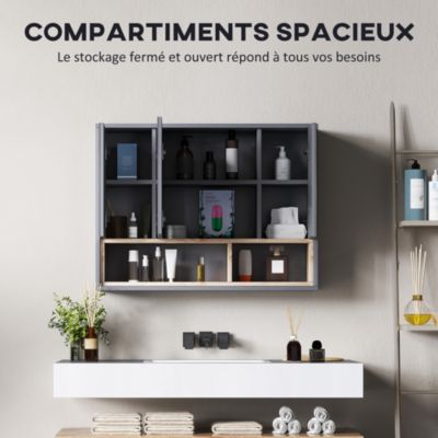 Armoire miroir de salle de bain - 3 portes, 3 étagères, 2 niches - dim. 80 x 20 x 60 cm - gris effet bois clair naturel