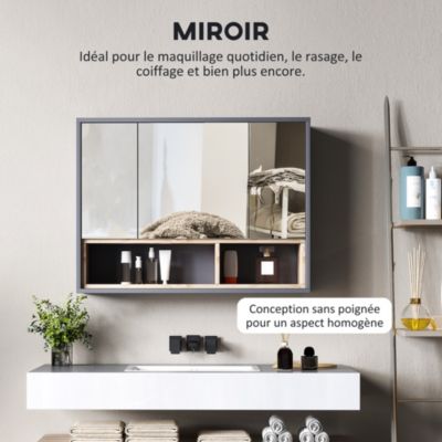 Armoire miroir de salle de bain - 3 portes, 3 étagères, 2 niches - dim. 80 x 20 x 60 cm - gris effet bois clair naturel
