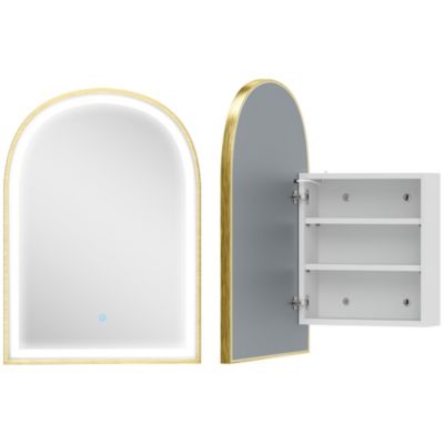 Armoire miroir LED réglable salle de bain design arche alu brossé doré 2 étagères