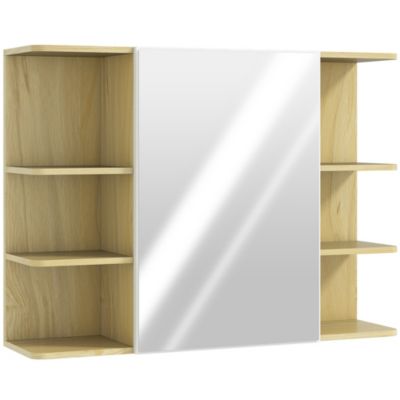 Armoire miroir murale salle de bain - porte, étagère, 2x3 tablettes latérales - 80 x 20 x 59 cm - effet bois clair