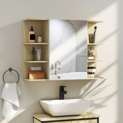 Armoire miroir murale salle de bain - porte, étagère, 2x3 tablettes latérales - 80 x 20 x 59 cm - effet bois clair