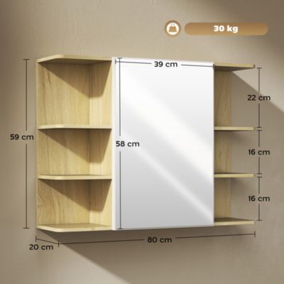 Armoire miroir murale salle de bain - porte, étagère, 2x3 tablettes latérales - 80 x 20 x 59 cm - effet bois clair
