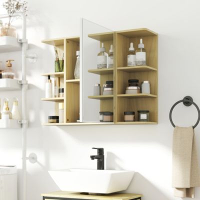 Armoire miroir murale salle de bain - porte, étagère, 2x3 tablettes latérales - 80 x 20 x 59 cm - effet bois clair