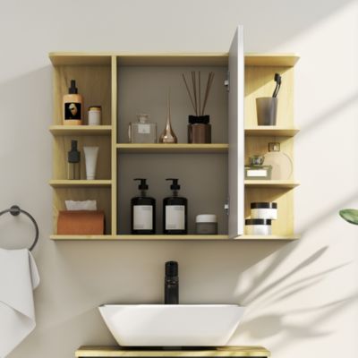 Armoire miroir murale salle de bain - porte, étagère, 2x3 tablettes latérales - 80 x 20 x 59 cm - effet bois clair