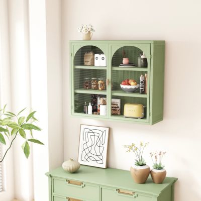 Armoire Murale - Armoire Murale en Verre avec 2 Portes pour Salon et Salle de Bain - Métal Vert, 70x23x60 cm