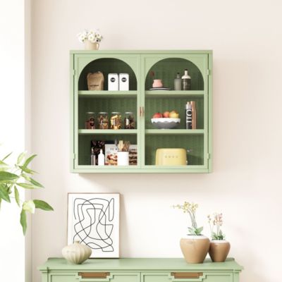 Armoire Murale - Armoire Murale en Verre avec 2 Portes pour Salon et Salle de Bain - Métal Vert, 70x23x60 cm
