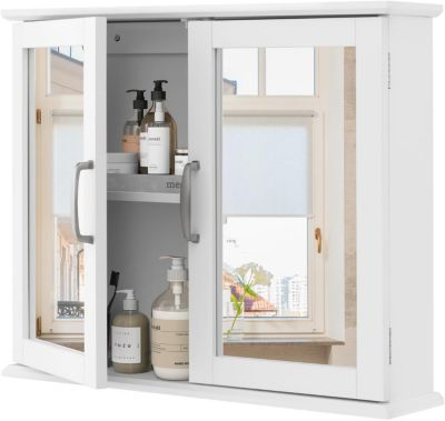 Armoire Murale de Salle de Bain avec Miroir Armoire à Pharmacie à 2 Niveaux avec Double Porte Blanc