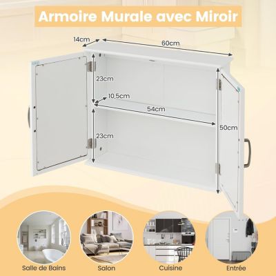 Armoire Murale de Salle de Bain avec Miroir Armoire à Pharmacie à 2 Niveaux avec Double Porte Blanc