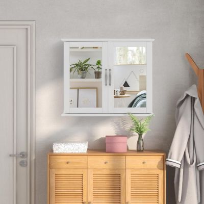 Armoire Murale de Salle de Bain avec Miroir Armoire à Pharmacie à 2 Niveaux avec Double Porte Blanc