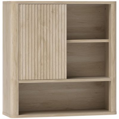 Armoire murale de salle de bain style bohème chic - porte coulissante, étagère, niche - effet bois clair