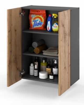Armoire murale GRIS + Chêne Wotan 60cm - Meuble haut et colonne pour salle de bain
