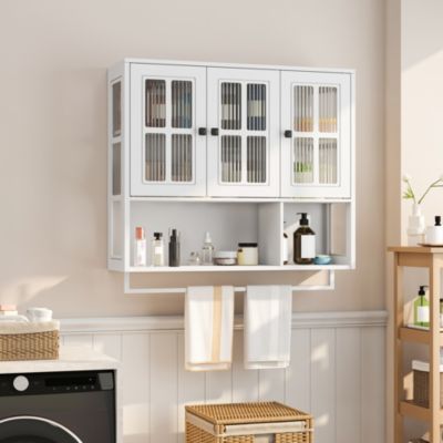 Armoire Murale - Meuble Murale de Salle de Bain, 3 Portes, Étagères Ouvertes, Porte-Serviettes, MDF et Verre, Blanc, 88x26x77,5 cm