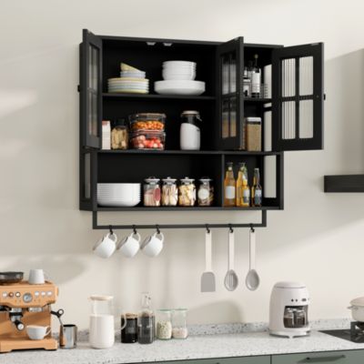 Armoire Murale - Meuble Murale de Salle de Bain, 3 Portes, Étagères Ouvertes, Porte-Serviettes, MDF et Verre, Noir, 88x26x77,5 cm