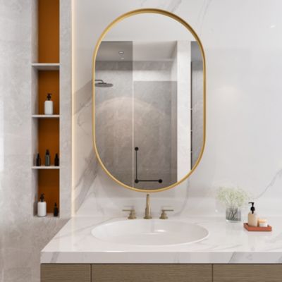 Armoire Murale à Miroir Ovale - Meuble de Rangement en Métal et Verre avec Étagères Réglables, 51.5x85 cm, Noir