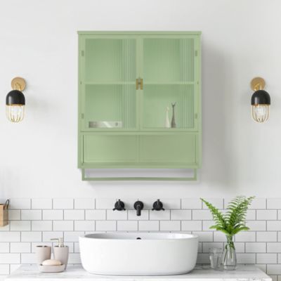 Armoire Murale Moderne avec Portes Vitrées et Porte-Serviettes, Meuble Mural avec Étagères - 60x23x78 cm - Vert, Verre+Métal