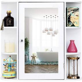 Armoire Murale pour Salle de Bain 10 Etageres avec Miroir Plusieurs Tablettes de Differentes Tailles 65 x 17 x 63CM Blanc