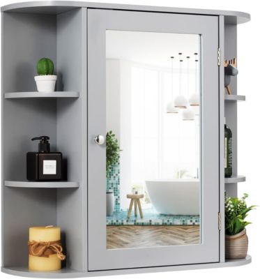 Armoire Murale pour Salle de Bain 10 Etageres avec Miroir Plusieurs Tablettes de Differentes Tailles 65 x 17 x 63CM Gris