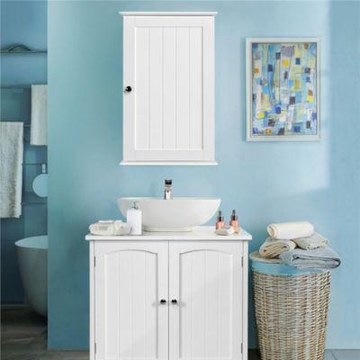 Armoire Murale Salle de Bain Meuble Commode de Rangement Toilette en Bois Blanc