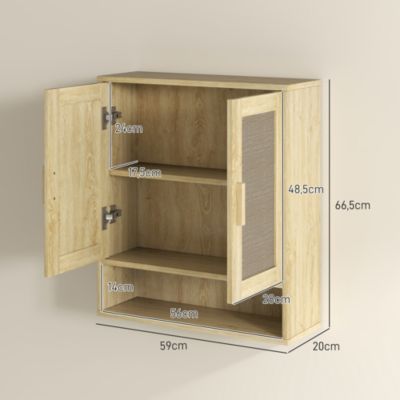 Armoire murale salle de bain WC style bohème - 2 portes, étagère, niche - effet rotin bois clair