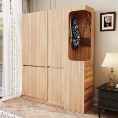 Armoire ouverte - Garde-Robe avec Tiroirs et Étagères pour Chambre, Bois Naturel, 140x40x170 cm, Blanc