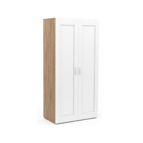 Armoire Penderie 2 Portes Blanc et Bois + Barre de Penderie et Etagères - Rangement Pratique Etagères Escalier Chambre