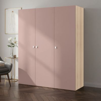 Armoire penderie 3 portes battantes rose taupe et effet chêne GoodHome Atomia H. 187 x L. 150 x P. 58 cm