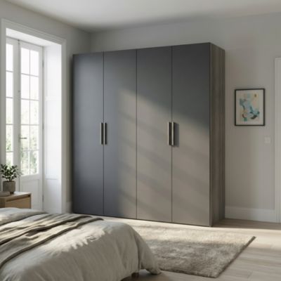 Armoire penderie 4 portes battantes anthracite et effet chêne grisé GoodHome Atomia H. 225 x L. 200 x P. 58 cm