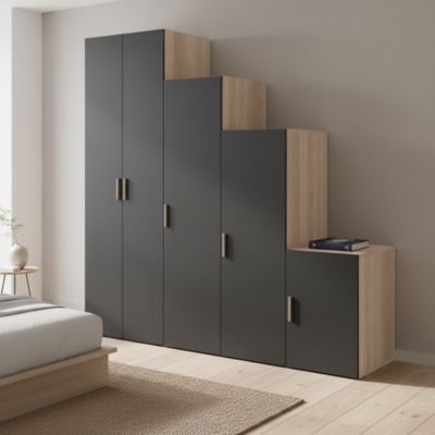 Armoire penderie 5 portes battantes anthracite et effet chêne GoodHome Atomia H. 225 x L. 225 x P. 58 cm