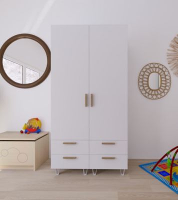 Armoire Penderie Blanche 4 Portes 4 Tiroirs 4 Etagères L 212 H 195 P 54 cm - Beaux Meubles Pas Chers