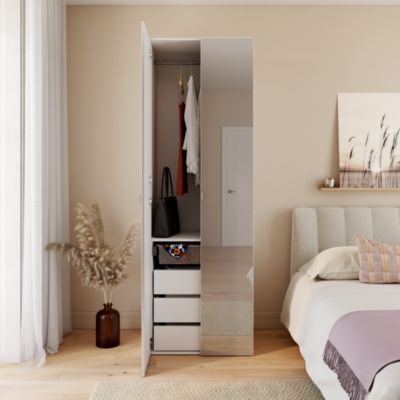 Armoire penderie blanche avec miroir et bloc 3 tiroirs GoodHome Atomia H. 225 x L. 75 x P. 58 cm