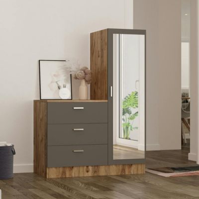Armoire penderie compacte décor bois et gris 1 miroir MARFA
