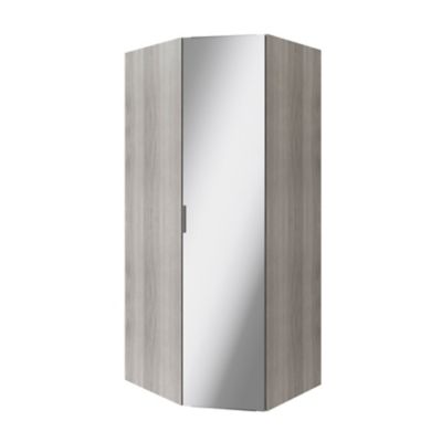 Armoire penderie d'angle effet chêne grisé avec porte battante miroir
