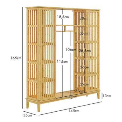 Armoire penderie en bambou - 2 portes coulissantes, 7 étagères, 2 barres - dim. 145L x 35l x 165Hcm
