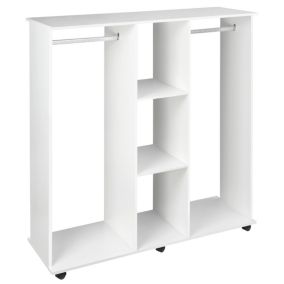 Armoire penderie meuble de rangement mobile 6 roulettes 120L x 40l x 128H cm panneaux de particules aspect bois blanc