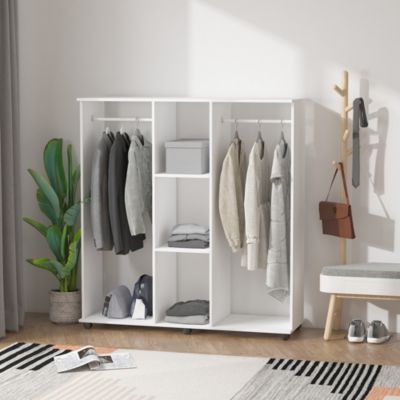 Armoire penderie meuble de rangement mobile 6 roulettes 120L x 40l x 128H cm panneaux de particules aspect bois blanc