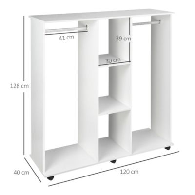 Armoire penderie meuble de rangement mobile 6 roulettes 120L x 40l x 128H cm panneaux de particules aspect bois blanc