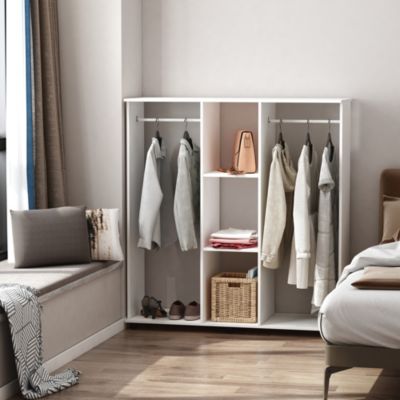 Armoire penderie meuble de rangement mobile 6 roulettes 120L x 40l x 128H cm panneaux de particules aspect bois blanc