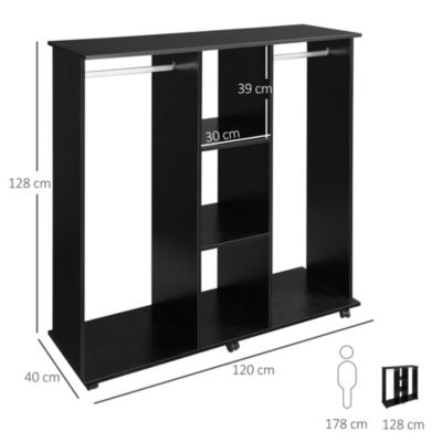 Armoire penderie meuble de rangement mobile 6 roulettes 120L x 40l x 128H cm panneaux de particules aspect bois noir