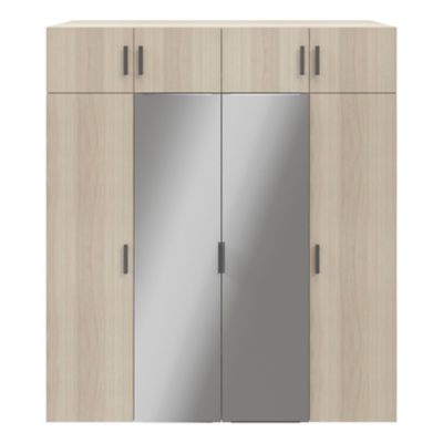 Armoire penderie portes battantes miroir et tiroirs effet chêne