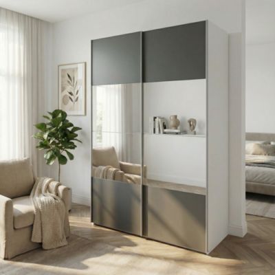 Armoire penderie portes coulissantes anthracite brillant et miroir GoodHome Atomia H. 225 x L. 150 x P. 63,5 cm