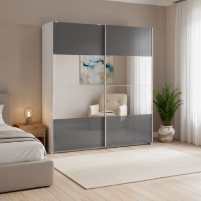 Armoire penderie portes coulissantes anthracite brillant et miroir GoodHome Atomia H. 225 x L. 200 x P. 63,5 cm