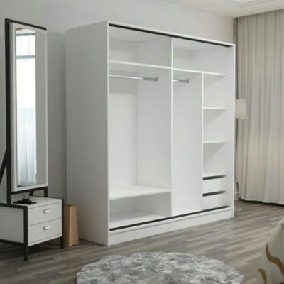 Armoire Avec Tiroirs Bayron - Blanc, Dimensions 263x48,5x200 Cm - Mélamine Haute Résistance - 3 Colis - 7