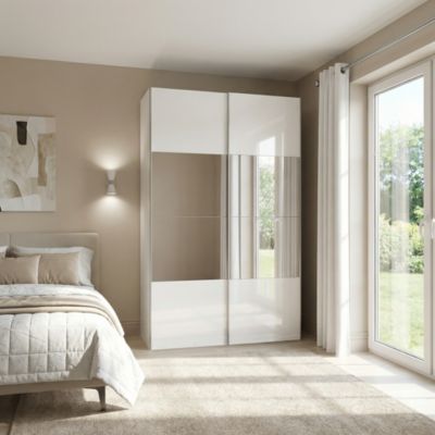 Armoire penderie portes coulissantes blanches brillantes et miroir GoodHome Atomia H. 225 x L. 150 x P. 63,5 cm