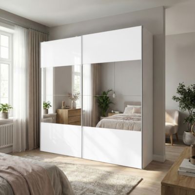 Armoire penderie portes coulissantes blanches brillantes et miroir GoodHome Atomia H. 225 x L. 200 x P. 63,5 cm