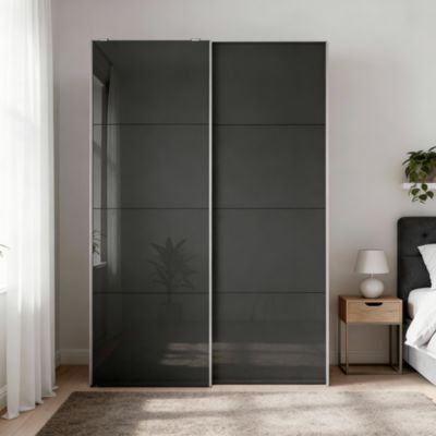 Armoire penderie portes coulissantes blanches et anthracite brillant GoodHome Atomia H. 225 x L. 150 x P. 63,5 cm