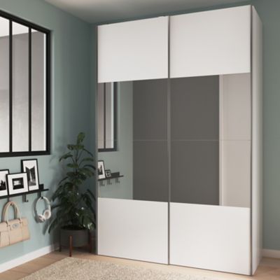 Armoire penderie portes coulissantes blanches et miroir GoodHome Atomia H. 225 x L. 150 x P. 65,5 cm
