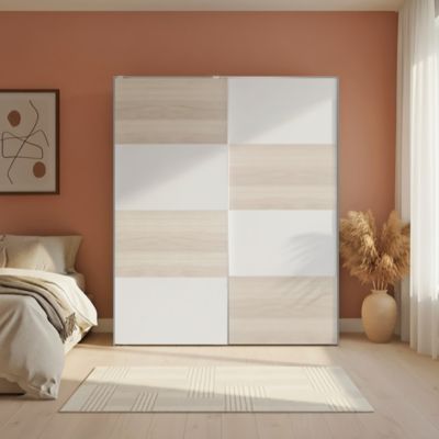 Armoire penderie portes coulissantes blanches mates et effet chêne GoodHome Atomia H. 225 x L. 200 x P. 63,5 cm